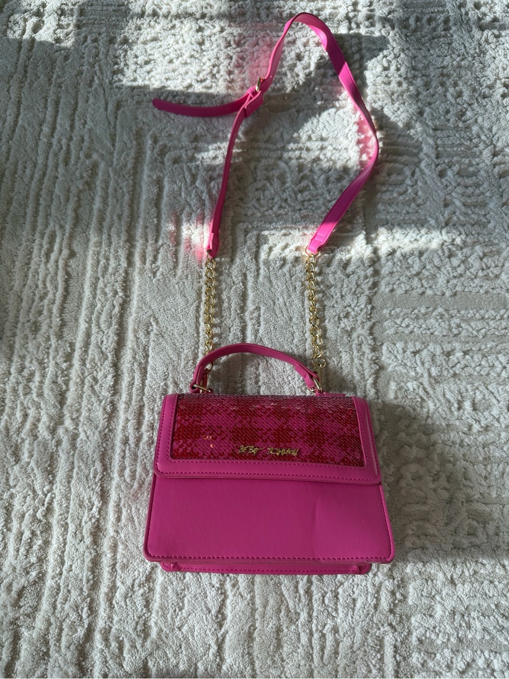 Betsey Johnson Bright Pink Sequin Top-Flap Crossbody Handbag